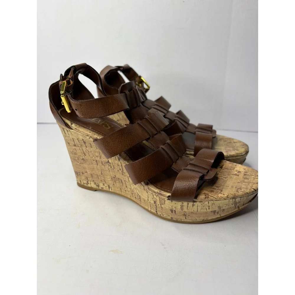 Chaps Brown Strappy Cork Wedge Sandals Womens 6.5B Platform‎ Buckle Gladiator